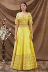 Buy_Surbhi Shah_Yellow Pure Spun Silk Embroidery Floral Leaf Neck Lehenga Set _Online_at_Aza_Fashions
