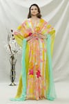 Buy_CAPISVIRLEO_Green Habutai Silk Floral Print, Thread And Beads V Neck Cleopi Kaftan_at_Aza_Fashions