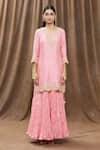 Surbhi Shah_Peach Organza, Spun Silk Bandhej, Floral Printed Kurta Lehenga Set _Online_at_Aza_Fashions