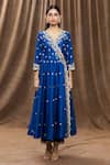 Surbhi Shah_Blue Organza, Spun Silk Floral, Sequin V Neck Embroidered Angrakha Set_Online_at_Aza_Fashions