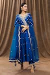Buy_Surbhi Shah_Blue Organza, Spun Silk Floral, Sequin V Neck Embroidered Angrakha Set_Online_at_Aza_Fashions