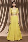 Surbhi Shah_Yellow Organza, Spun Silk Floral Square Neck Embroidered Lehenga Set _Online_at_Aza_Fashions
