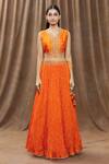 Surbhi Shah_Orange Organza, Silk Mirror V Neck Crushed Lehenga Set _Online_at_Aza_Fashions