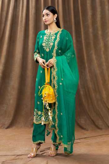 Shop_Surbhi Shah_Yellow Mirrors, Tassels Embroidered Potli _at_Aza_Fashions
