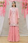 Surbhi Shah_Pink Organza, Spun Silk Floral Motifs Round Embroidered Kurta Set_Online_at_Aza_Fashions