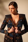 Nikita Mhaisalkar_Blue Georgette Sequins V-neck Aztec Print Jacket With Pant _at_Aza_Fashions