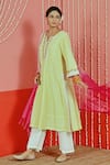 Shop_Myaara_Yellow Cotton, Organza Embroidery Split V-neck A-line Kurta Set _Online_at_Aza_Fashions