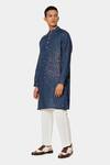Satya Paul_Blue Linen Typographic Pattern Sea Kurta _Online_at_Aza_Fashions