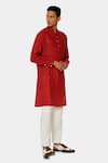 Satya Paul_Red Linen Typographic Pattern Mars Kurta _Online_at_Aza_Fashions