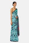 Satya Paul_Blue Georgette Peacock Printed Saree_Online_at_Aza_Fashions