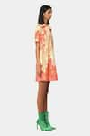 Satya Paul_Peach Scuba Printed Floral Shirt Collar Sunset Dress _Online_at_Aza_Fashions