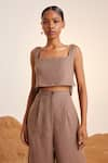 Cord_Brown Linen Square Neck Crop Top And Pant Set _Online_at_Aza_Fashions