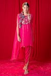 Enech_Pink Shimmer Georgette Jhalar Asymmetric Tunic And Tulip Pant Set  _Online_at_Aza_Fashions