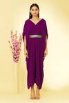 Megha Garg Purple Pure Crepe V Neck Cowl Draped Jumpsuit at Aza Fashions Megha Garg_Purple Pure Crepe V Neck Cowl Draped Jumpsuit _at_Aza_Fashions