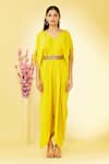 Megha Garg Yellow Pure Crepe V Neck Cowl Draped Jumpsuit at Aza Fashions Megha Garg_Yellow Pure Crepe V Neck Cowl Draped Jumpsuit _at_Aza_Fashions