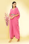 Shop Megha Garg Pink Pure Crepe V Neck Cowl Draped Jumpsuit Online at Aza Fashions Shop_Megha Garg_Pink Pure Crepe V Neck Cowl Draped Jumpsuit _Online_at_Aza_Fashions