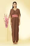 Megha Garg_Brown Pure Crepe V Neck Draped Jumpsuit _at_Aza_Fashions