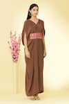 Megha Garg_Brown Pure Crepe V Neck Draped Jumpsuit _Online_at_Aza_Fashions