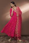 Surbhi Shah_Pink Dupatta Organza, Spun Silk Bead, Floral Embroidered Angarkha Set_at_Aza_Fashions