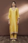 Surbhi Shah_Yellow Dupatta Organza, Spun Silk Floral Embroidered Kurta Set _at_Aza_Fashions
