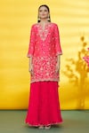 Surbhi Shah_Red Silk, Organza Embroidery Round Neck Bandhej Pattern Kurta Skirt Set _Online_at_Aza_Fashions
