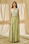 Ariyana By Aza_Green Crepe, Net Embroidery V-neck Anarkali Palazzo Set _Online_at_Aza_Fashions