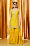 Alaya Advani_Yellow Kurta: Chanderi Embroidered Chevron Pattern Sharara Set For Women_Online_at_Aza_Fashions