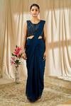 Buy_Alaya Advani_Blue Chinnon Embroidered Pre-draped Saree With Sleeveless Blouse For Women