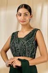 Shop Alaya Advani Green Chinnon Geometric Blunt V Neck Pre-draped Saree With Metallic Work Blouse Online at Aza Fashions Shop_Alaya Advani_Green Chinnon Geometric Blunt V Neck Pre-draped Saree With Metallic Work Blouse_Online_at_Aza_Fashions