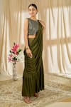 Alaya Advani_Green Chinnon Embroidered Geometric Pre-draped Saree With Sleeveless Blouse_Online_at_Aza_Fashions