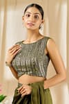 Shop_Alaya Advani_Green Chinnon Embroidered Geometric Pre-draped Saree With Sleeveless Blouse_Online_at_Aza_Fashions