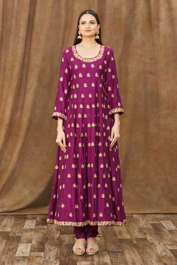 Surbhi Shah_Magenta Silk, Tissue Embroidery, Fringe Scoop Neck Aari Work Anarkali Set _Online_at_Aza_Fashions