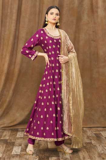 Buy_Surbhi Shah_Magenta Silk, Tissue Embroidery, Fringe Scoop Neck Aari Work Anarkali Set _Online_at_Aza_Fashions