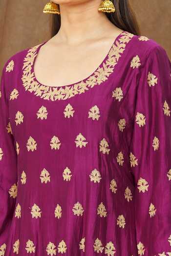 Shop_Surbhi Shah_Magenta Silk, Tissue Embroidery, Fringe Scoop Neck Aari Work Anarkali Set _Online_at_Aza_Fashions