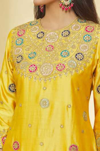 Shop_Surbhi Shah_Yellow Silk, Organza Sequins, Applique, Embroidery, Tassels Dori Kurta Set _Online_at_Aza_Fashions