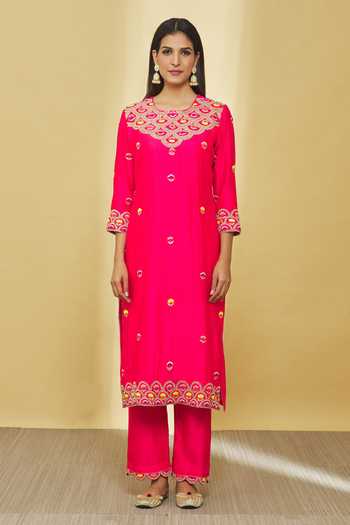 Surbhi Shah_Red Silk, Organza Beads, Gota Patti, Zari, Embroidery Round Neck Hand Kurta Set _Online_at_Aza_Fashions