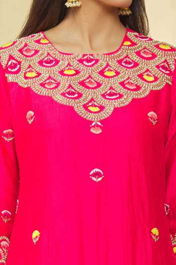 Shop_Surbhi Shah_Red Silk, Organza Beads, Gota Patti, Zari, Embroidery Round Neck Hand Kurta Set _Online_at_Aza_Fashions