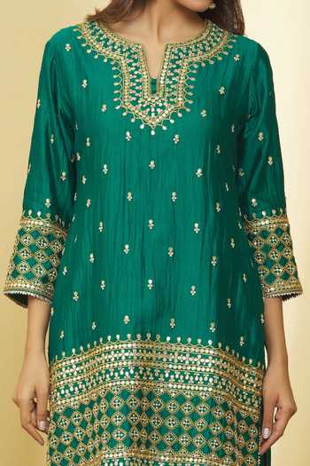 Buy_Surbhi Shah_Green Silk, Organza Embroidery, Gota Patti, Sequins, Dori Kurta Skirt Set _Online_at_Aza_Fashions