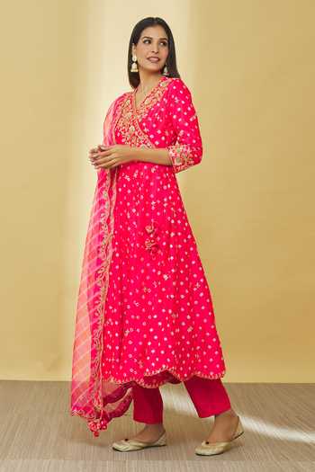 Buy_Surbhi Shah_Red Silk, Organza Embroidery, Gota Patti V-neck Bandhej Print Angarkha Set _Online_at_Aza_Fashions