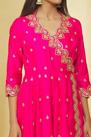 Shop_Surbhi Shah_Pink Silk, Gingham Beads, Gota Patti, Angarkha Set With Bandhej Print Dupatta _Online_at_Aza_Fashions