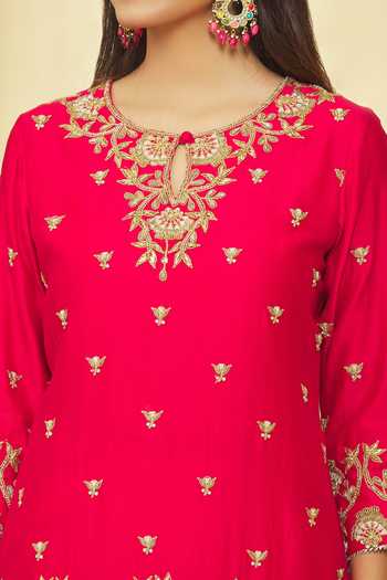 Shop_Surbhi Shah_Red Chanderi, Organza Embroidery, Sequins Keyhole Kurta Crinkled Sharara Set _Online_at_Aza_Fashions