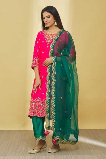 Buy_Surbhi Shah_Pink Silk, Organza Beads, Embroidery, Tassels Keyhole Floral Dori Kurta Set _Online_at_Aza_Fashions