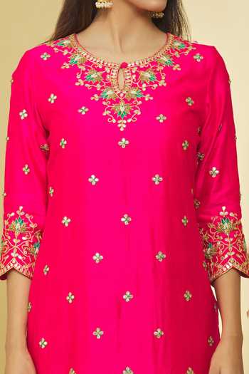 Shop_Surbhi Shah_Pink Silk, Organza Beads, Embroidery, Tassels Keyhole Floral Dori Kurta Set _Online_at_Aza_Fashions
