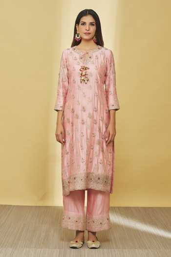 Surbhi Shah_Pink Silk, Organza Sequins, Beads, Embroidery, Tassels Dori Kurta Pant Set _Online_at_Aza_Fashions