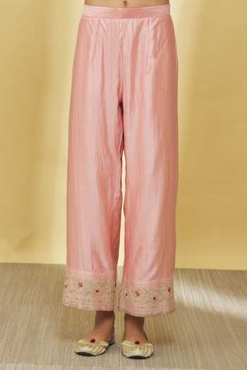 Surbhi Shah_Pink Silk, Organza Sequins, Beads, Embroidery, Tassels Dori Kurta Pant Set _at_Aza_Fashions
