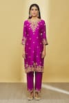 Surbhi Shah_Magenta Pure Spun Silk Hand Embroidered Dori Notched Floral Kurta Pant Set _Online_at_Aza_Fashions