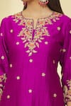 Shop_Surbhi Shah_Magenta Pure Spun Silk Hand Embroidered Dori Notched Floral Kurta Pant Set _Online_at_Aza_Fashions