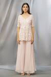 Shlok Design_Peach Organza Embroidered Kashmiri Aari V Neck Kurta Sharara Set _Online_at_Aza_Fashions