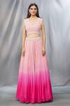 Shlok Design_Peach Chiffon Embroidered Floral V Neck Ombre Lehenga Set _Online_at_Aza_Fashions