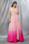 Shlok Design_Peach Chiffon Embroidered Floral V Neck Ombre Lehenga Set_at_Aza_Fashions